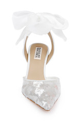 White Sequins | Blaze II Satin Ankle Wrap Stiletto Pumps Front