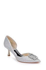 Silver Textile | Fabia II Kitten Heels with Crystal Buckle Front Side