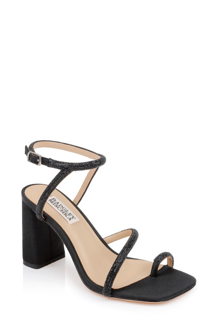 Black Crepe | Dalilah Strappy Bock Heel Sandals Front Side