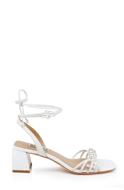 White Leather | Deja Ankle Tie Low Block Sandals Side