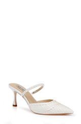 White | Duchess Pointed Toe Pearl Heeled Mules Front Side