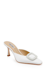 White Crepe | Graylynn Mid Heel Square Toe Mules Front Side