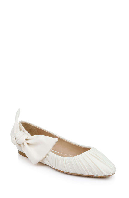 Ivory Fabric | Vayln Ruched Ballet Flats with Oversized Bow Front Side