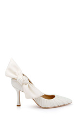Ivory Fabric | Vanesa Ruched Pointed Toe Pumps with Bow Side