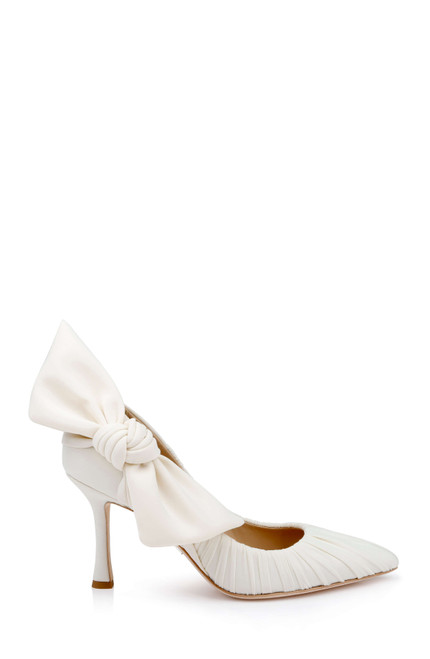 Ivory Fabric | Vanesa Ruched Pointed Toe Pumps with Bow Side