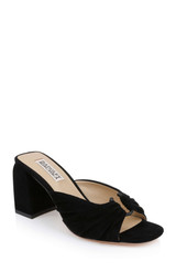 Black Suede | Vayla Ruched Block Heel Mule Sandal Front Side