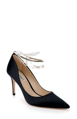 Black | Verna Satin Pointed Toe Pumps with Pearl Chain Ankle Strap Front Side