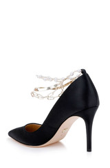 Black | Verna Satin Pointed Toe Pumps with Pearl Chain Ankle Strap Back Side