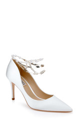 White | Verna Satin Pointed Toe Pumps with Pearl Chain Ankle Strap Front Side