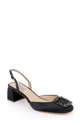 Black | Vivia Satin Block Heel Slingbacks with Crystal Buckle Front Side