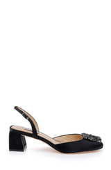 Black | Vivia Satin Block Heel Slingbacks with Crystal Buckle Side