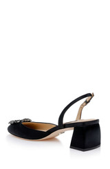 Black | Vivia Satin Block Heel Slingbacks with Crystal Buckle Back Side