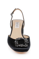 Black | Vivia Satin Block Heel Slingbacks with Crystal Buckle Front