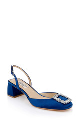 Blue | Vivia Satin Block Heel Slingbacks with Crystal Buckle Front Side