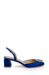 Blue | Vivia Satin Block Heel Slingbacks with Crystal Buckle Side