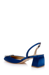 Blue | Vivia Satin Block Heel Slingbacks with Crystal Buckle Back Side