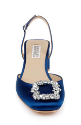 Blue | Vivia Satin Block Heel Slingbacks with Crystal Buckle Front