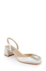 Ivory | Vivia Satin Block Heel Slingbacks with Crystal Buckle Front Side