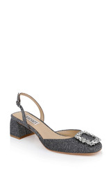 Pewter Glitter | Vivia Satin Block Heel Slingbacks with Crystal Buckle Front Side