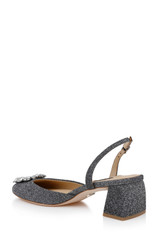 Pewter Glitter | Vivia Satin Block Heel Slingbacks with Crystal Buckle Back Side
