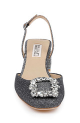 Pewter Glitter | Vivia Satin Block Heel Slingbacks with Crystal Buckle Front