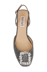 Pewter Glitter | Vivia Satin Block Heel Slingbacks with Crystal Buckle Top