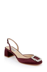 Wine Satin | Vivia Satin Block Heel Slingbacks with Crystal Buckle Front Side