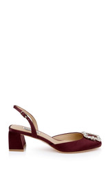 Wine Satin | Vivia Satin Block Heel Slingbacks with Crystal Buckle Side