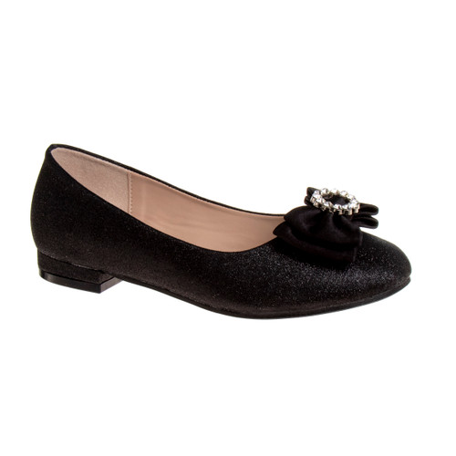 Black Shimmer | Girls’ Slip-On Ballet Flats with Bow Front Side