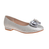 Silver Shimmer | Girls’ Slip-On Ballet Flats with Bow Front Side
