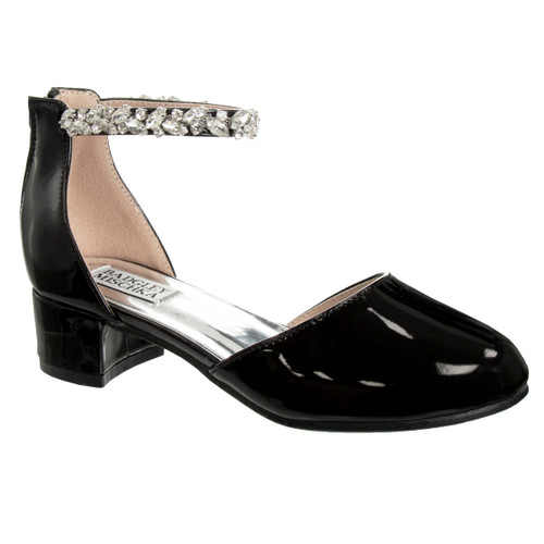 Black Patent | Girls’ Low-Heeled Signature Dress Shoe with Rhinestone Ankle Strap