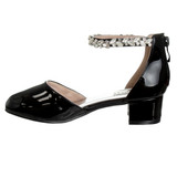 Black Patent Girls’ Low-Heeled Signature Dress Shoe with Rhinestone Ankle Strap Left Side