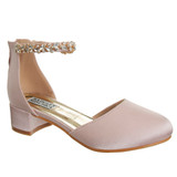 Pink Sat| Girls’ Low-Heeled Signature Dress Shoe with Rhinestone Ankle Strap