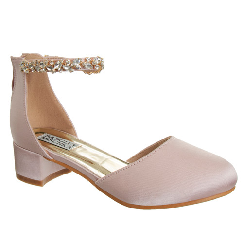 Pink Sat| Girls’ Low-Heeled Signature Dress Shoe with Rhinestone Ankle Strap