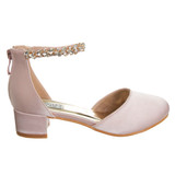 Pink Sat| Girls’ Low-Heeled Signature Dress Shoe with Rhinestone Ankle Strap