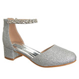 Silver Glitter | Girls’ Low-Heeled Signature Dress Shoe with Rhinestone Ankle Strap