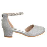 Silver Glitter | Girls’ Low-Heeled Signature Dress Shoe with Rhinestone Ankle Strap