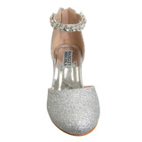 Silver Glitter | Girls’ Low-Heeled Signature Dress Shoe with Rhinestone Ankle Strap