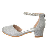 Silver Glitter | Girls’ Low-Heeled Signature Dress Shoe with Rhinestone Ankle Strap