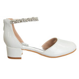 White Patent | Girls’ Low-Heeled Signature Dress Shoe with Rhinestone Ankle Strap