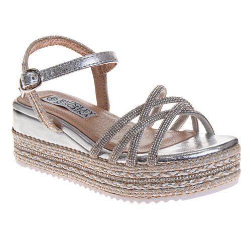 Silver | Girls' Metallic and Raffia Sandals Front Side