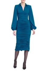 Navy | Long Sleeve Ruched Collared Cocktail Dress Front