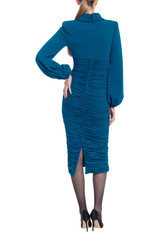 Navy | Long Sleeve Ruched Collared Cocktail Dress Back