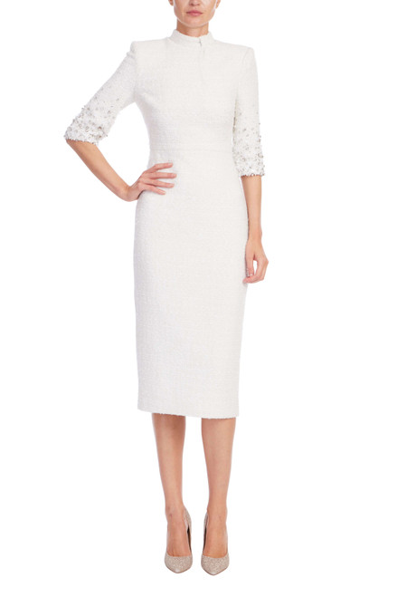 Ivory | Beaded Quarter Sleeve High Neck Sheath Dress Front