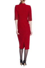 Red | Beaded Quarter Sleeve High Neck Sheath Dress Back