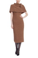 Mocha | Short Sleeve Tweed Capelet Midi Dress Front