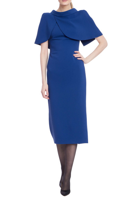 Marine | Marine Sheath Dress with Mock Neck Capelet Front