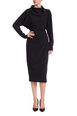 Black | Black Draped Cowl Neck Midi Dress Front