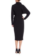 Black | Black Draped Cowl Neck Midi Dress Back