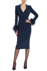Navy | Feather Trim Belted Sheath Dress Front